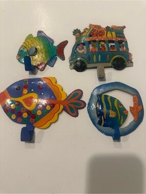 Steal Drum Art - Colorful Fish & Bus Wall Hooks Set - Blue, Yellow, Green, Red